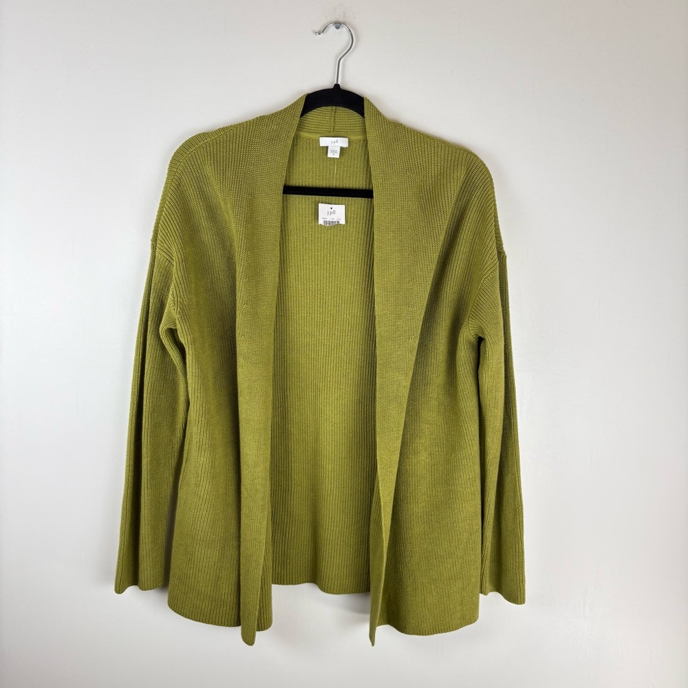 J Jill Women Medium Open Front Knit Cardigan Sweater Long Sleeve Olive Green